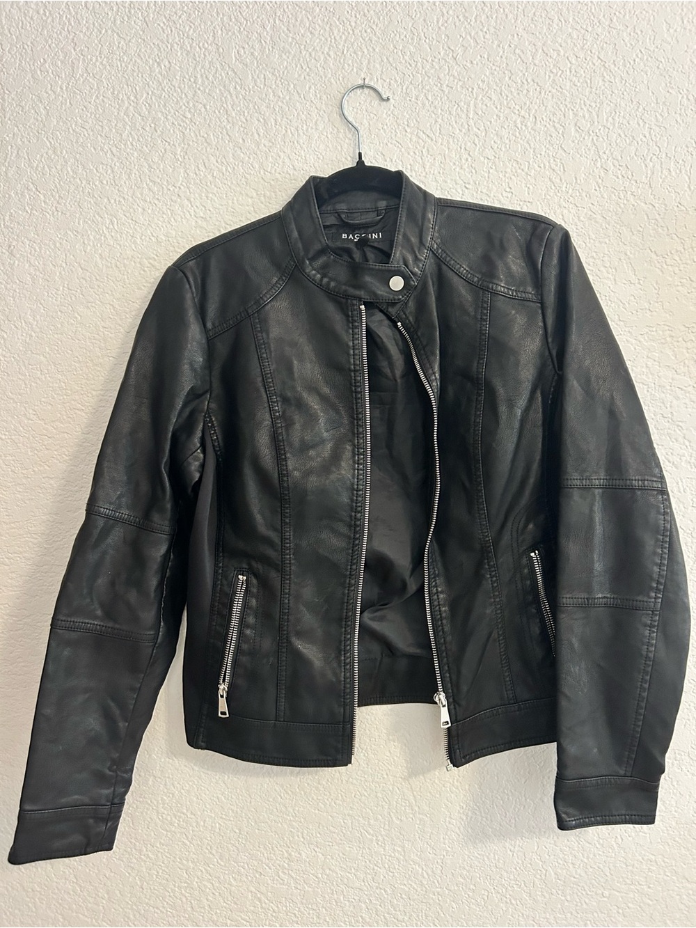 Baccini Black Leather Biker Jacket with Silver Zippers